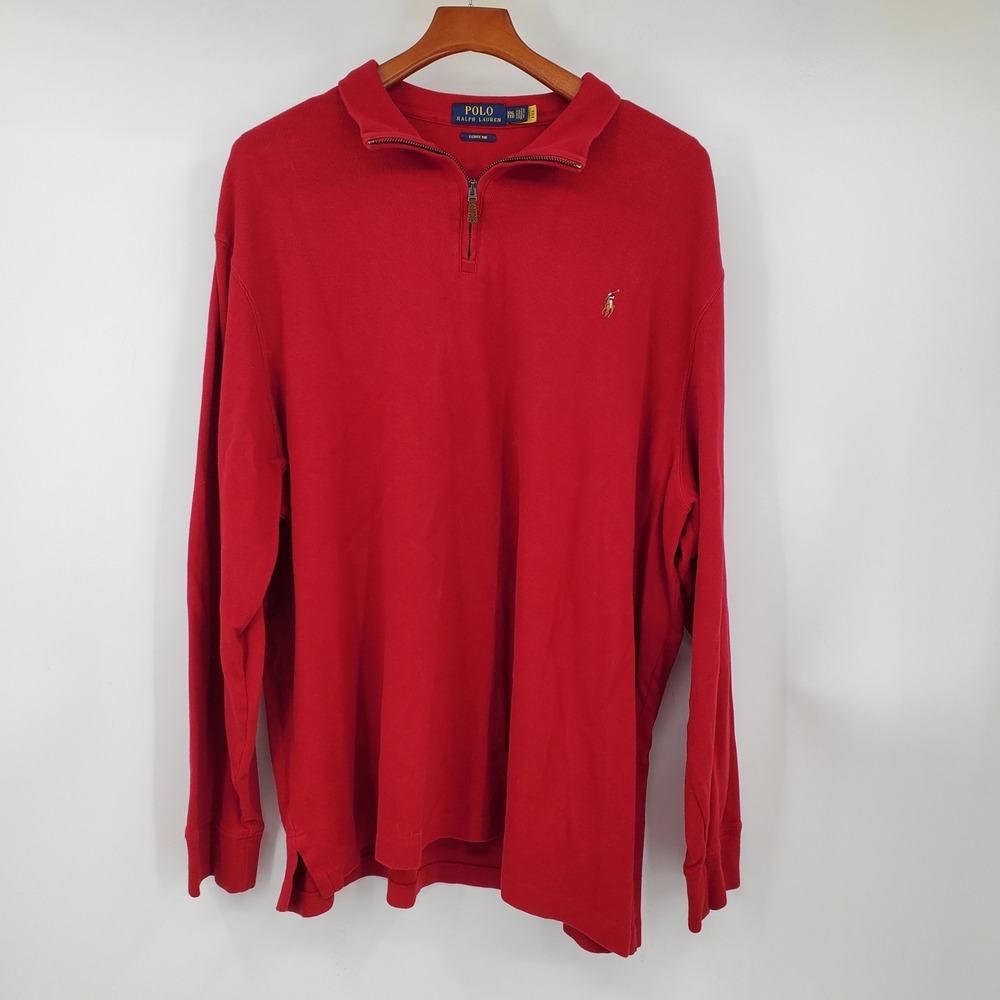 Polo Ralph Lauren XXL Red Estate Rib 1/4 Quarter Zip Pullover Sweatshirt Preppy